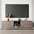 Modern Wooden TV Stand With Dried Plants Eiffel Tower Model And Books On Striped Wall