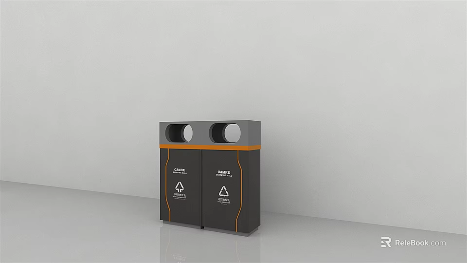 Public Dual Compartment Trash Bin With Orange Accents And Recycling Symbols 3d model 