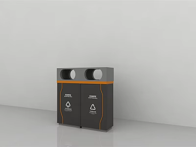Public Dual Compartment Trash Bin With Orange Accents And Recycling Symbols 3d model