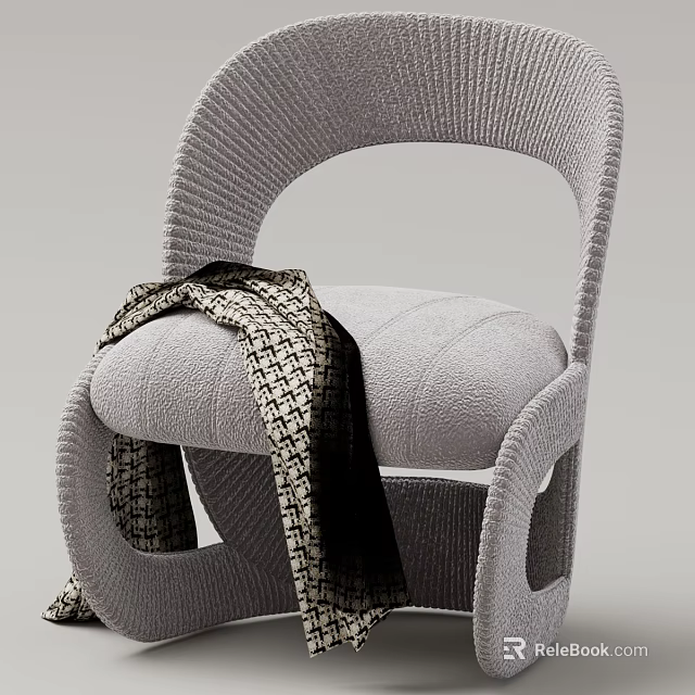 Gray Knit Chair With Plaid Scarf On Curved Armrest Design 3d model 