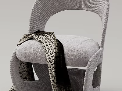 Gray Knit Chair With Plaid Scarf On Curved Armrest Design 3d model