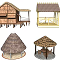 Traditional Thatch Roof Hut And Pavilion Structures With Wooden Frames And Seating