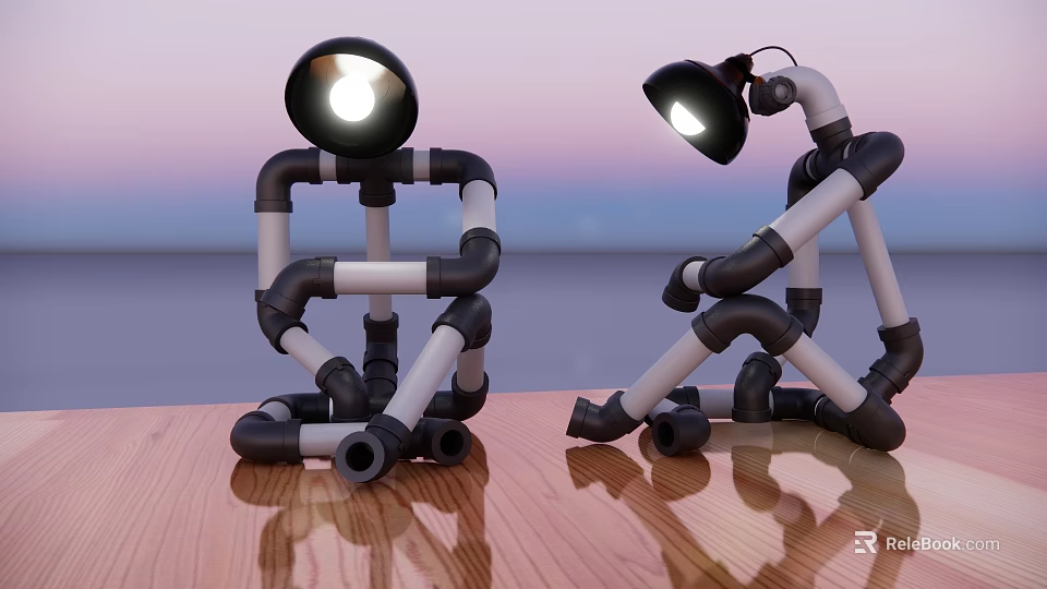 Two Pipe Shaped Humanoid Table Lamps on Wooden Table with Sunset Seaside Background 3d model 