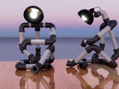 Two Pipe Shaped Humanoid Table Lamps on Wooden Table with Sunset Seaside Background 3d model