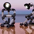 Two Pipe Shaped Humanoid Table Lamps on Wooden Table with Sunset Seaside Background