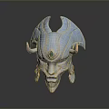 Blue Mythical Animal Mask With Intricate Horns And Red Gemstone Detail