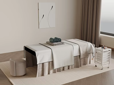Serene Spa Room With Comfortable Treatment Bed Towels Trolley Curtains And Rug 3d model