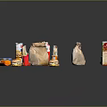 Various Assorted Packaged Foods Featuring Burgers Snacks And Beverage Containers