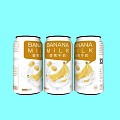 Refreshing Banana Milk Drink in Cans with Banana Graphics on Light Blue Background