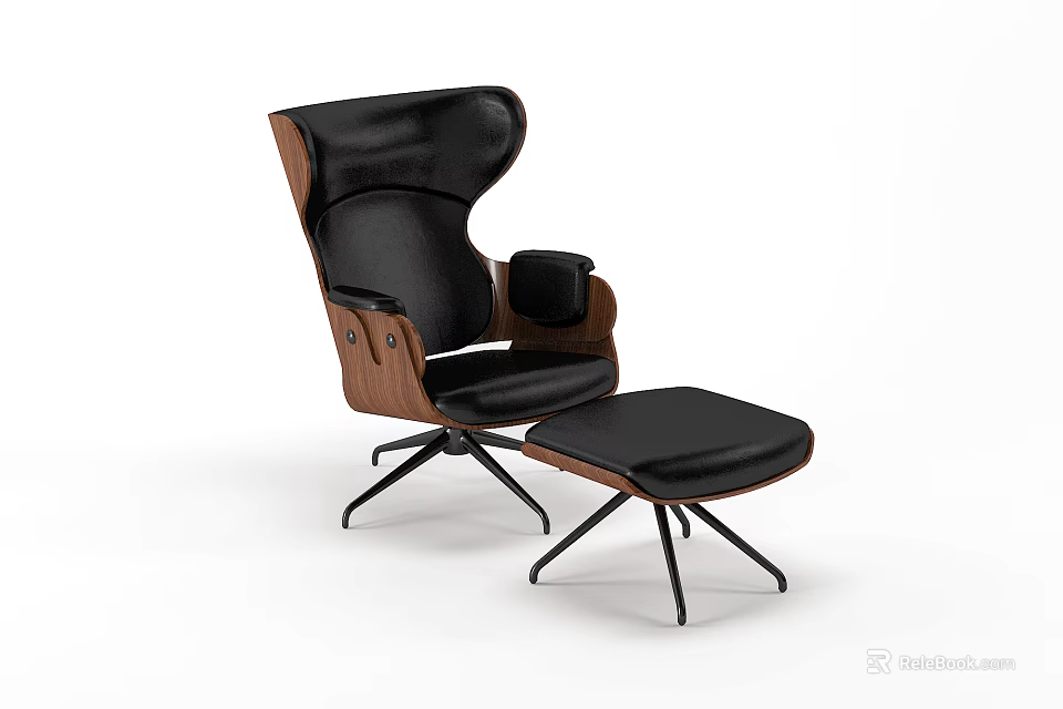 Black Leather Office Chair With Wooden Armrests And Matching Ottoman In Modern Design 3d model 