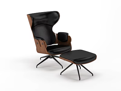 Black Leather Office Chair With Wooden Armrests And Matching Ottoman In Modern Design 3d model