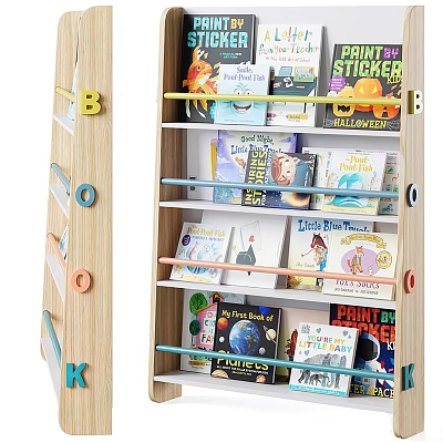 Wooden Children's Bookshelf With Colorful Letter Decorations And Filled With Kids Books 3d model