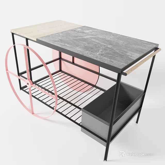 Modern Side Table With Wooden And Marble Tops Metal Frame Pink Circle And Storage 3d model 