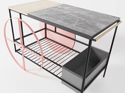 Modern Side Table With Wooden And Marble Tops Metal Frame Pink Circle And Storage 3d model
