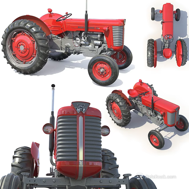 Red Utility Tractor With Detailed Components And Multiple Angle Views 3d model 
