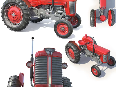 Red Utility Tractor With Detailed Components And Multiple Angle Views 3d model
