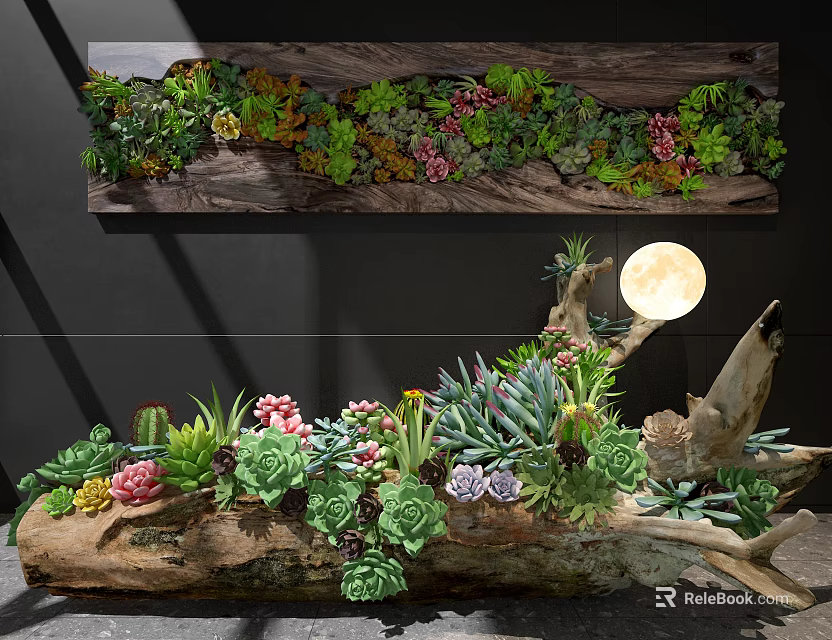 Succulent Bonsai Plants In Wooden Log Planter With Colorful Foliage And Natural Art Decor 3d model 