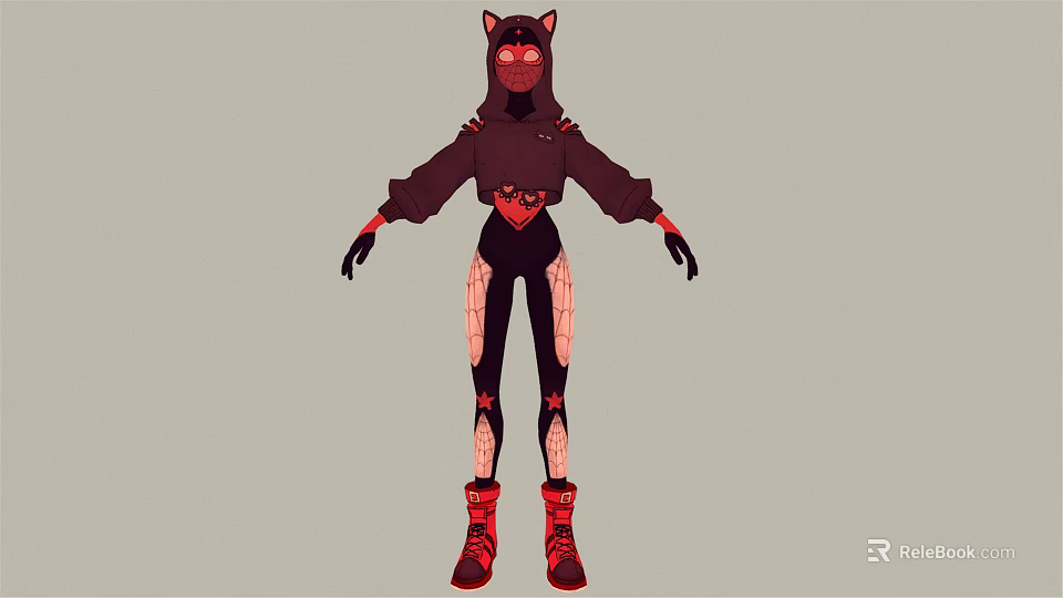Cartoon Character With Cat Ears Mask And Black Red Stylish Hoodie Outfit 3d model 