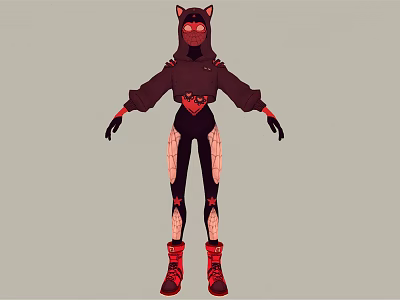 Cartoon Character With Cat Ears Mask And Black Red Stylish Hoodie Outfit 3d model