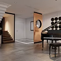 Modern Living Room Interior With Dining Table Chairs Pendant Lights And Piano