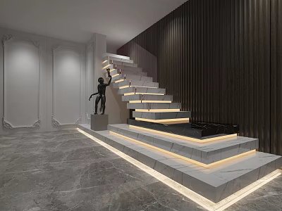 Modern Illuminated Staircase With White Steps Dark Wall And Black Sculpture 3d model