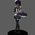 Woman in maid outfit standing on black base with orange red sunset sky and clouds