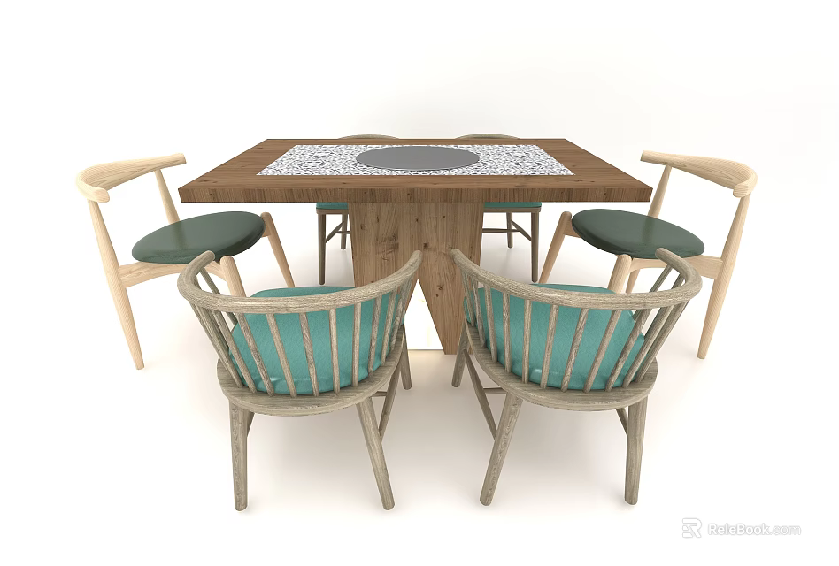Wooden Dining Table Set With Patterned Top And Four Teal Cushioned Chairs 3d model 