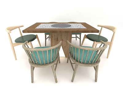 Wooden Dining Table Set With Patterned Top And Four Teal Cushioned Chairs 3d model