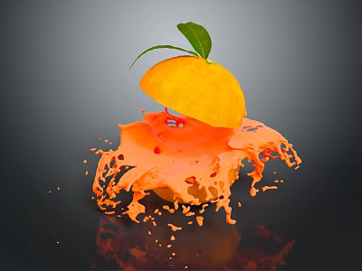 Fresh Orange Juice From Sliced Orange With Green Leaf And Splashing Liquid Effect 3d model