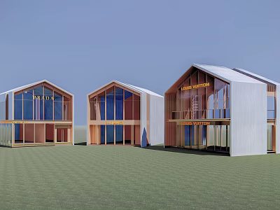 Modern Commercial Complex With Glass Facades Unique Gabled Roofs And Green Lawn 3d model