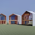 Modern Commercial Complex With Glass Facades Unique Gabled Roofs And Green Lawn