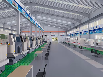 Industrial Factory Workshop With Neatly Arranged Machine Tools Equipment Long Tables Chairs On Green Floor 3d model
