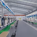 Industrial Factory Workshop With Neatly Arranged Machine Tools Equipment Long Tables Chairs On Green Floor