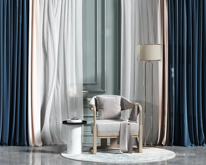 Comfortable Gray Fabric Single Sofa With Floor Lamp Small Round Table And Curtains 3d model