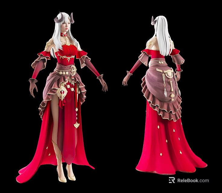 Elegant Horned Game Movie Character With White Long Hair Red Brown Outfit And Layered Skirt 3d model 