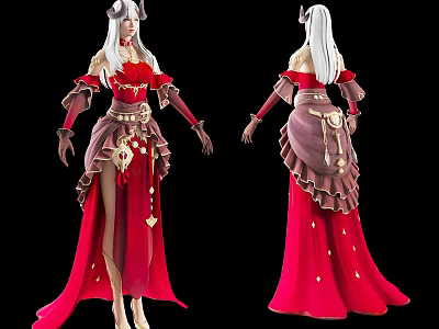 Elegant Horned Game Movie Character With White Long Hair Red Brown Outfit And Layered Skirt 3d model