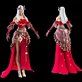 Elegant Horned Game Movie Character With White Long Hair Red Brown Outfit And Layered Skirt