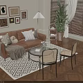 Brown Leather Sofa With Throw Pillows Glass Coffee Table Rattan Chairs And Potted Plant Decorative Paintings