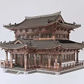 Ancient Chinese Architecture Two Story Wooden Structure With Traditional Roof Overhanging Eaves And Veranda Railings