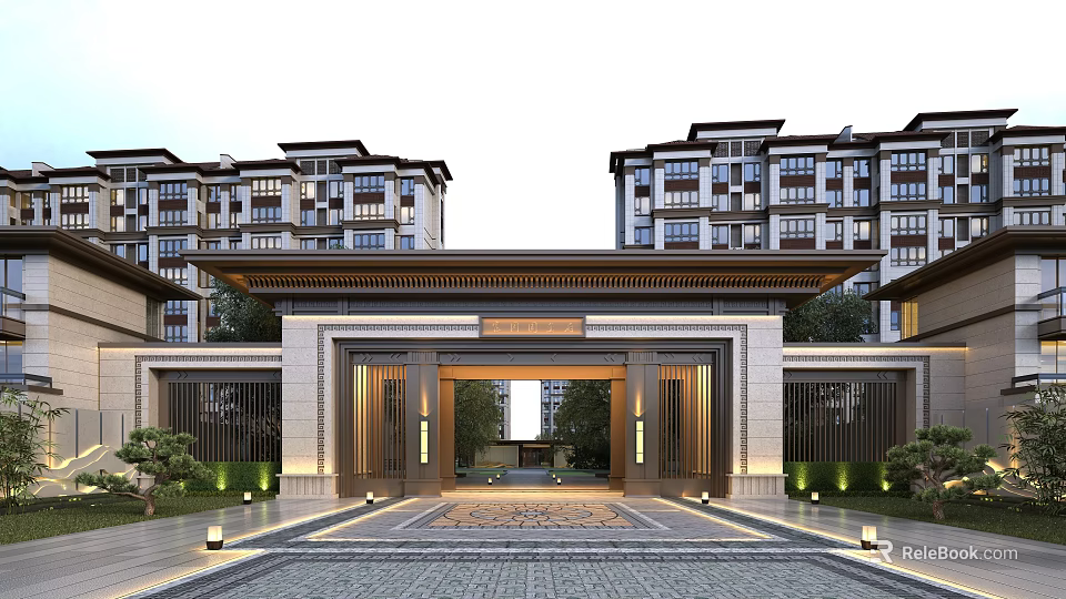 Traditional Chinese Style Residential Building With Gate Entrance Multi story Facade And Exterior Greenery Lighting 3d model 