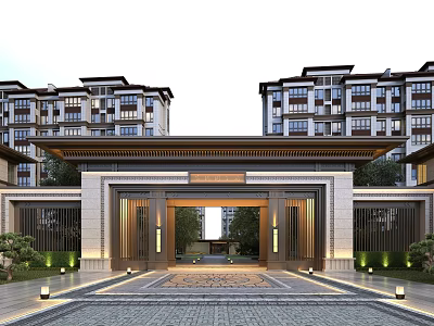 Traditional Chinese Style Residential Building With Gate Entrance Multi story Facade And Exterior Greenery Lighting 3d model