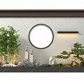 Traditional Chinese Garden Wall Design With Circular Window Bamboo Pine Tree Stones And Wall Light