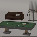 Entertainment Pool Table With Green Felt Surface Billiard Balls Cues Leather Sofa And Cue Rack