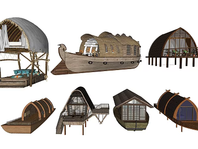 Unique Boat Shaped Architectural Structures With Wooden Arc Roofs And Balconies 3d model