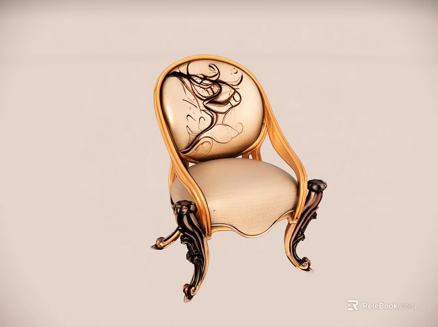 Elegant Classic Accent Chair With Intricate Carved Patterns And Light Beige Upholstery 3d model 