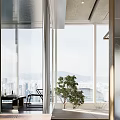 Modern Bright Office Walkway With Lush Green Plants Concrete Pillar And Panoramic City View Windows