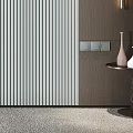 Modern Feature Wall With Wooden Striped Panels Circular Decorative Light Wall Sconces and Vases
