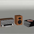 Vintage Radio And Wooden Speaker Setup With Stacked CDs On Gray Background