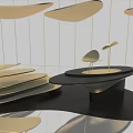 Modern Art Installation With Black And Gold Curved Layered Structures Hanging Elements And Reflective Floor