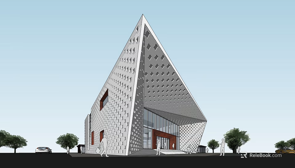Modern Triangular Building With Diamond Shaped Facade Glass Panels And Surrounding Trees 3d model 